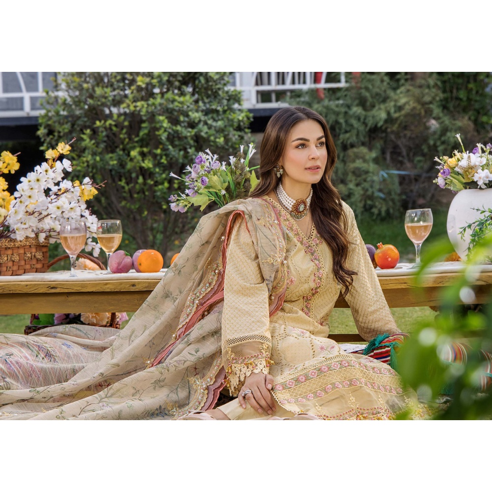 Pakistani clothing brands eshaisha festive lawn embroidered collection 2025, unstitched 3 piece embroidered suit, EA-LL-5544, closeup