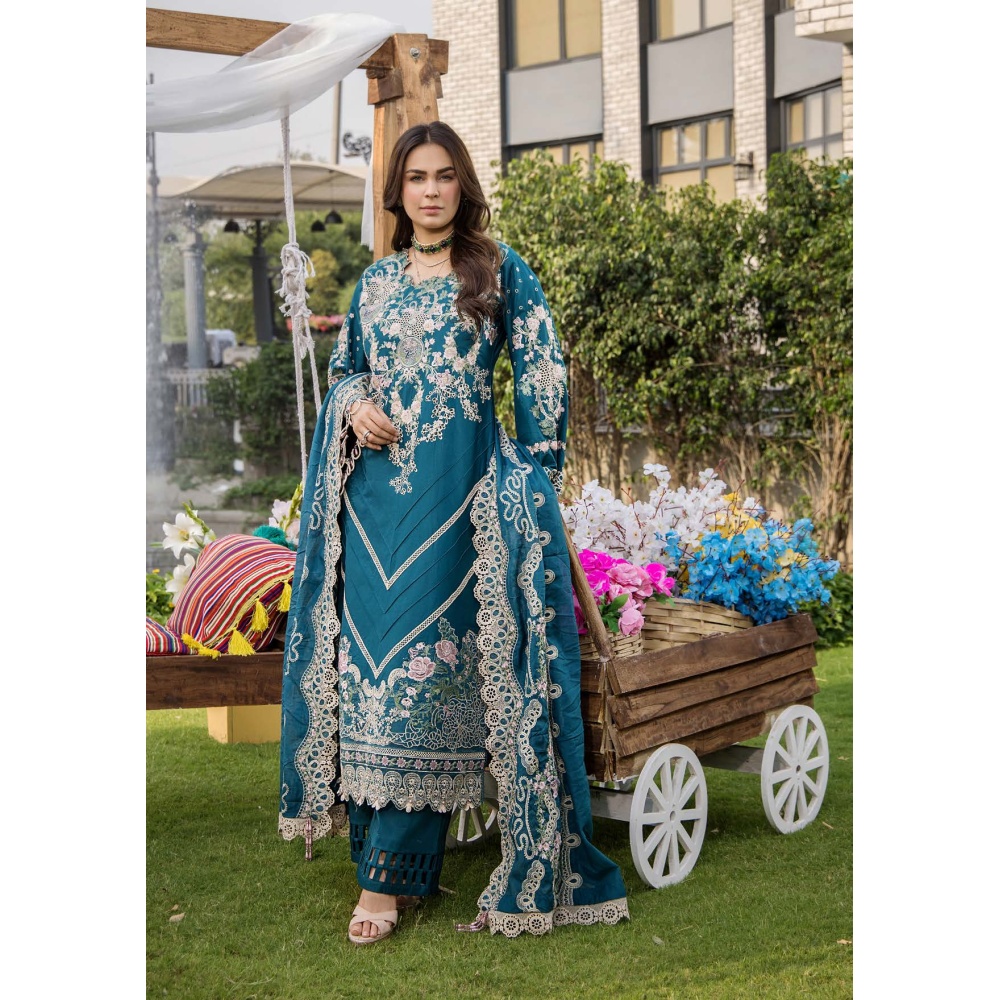 Pakistani clothing brands eshaisha festive lawn embroidered collection 2025, unstitched 3 piece embroidered suit, EA-LL-5545, front