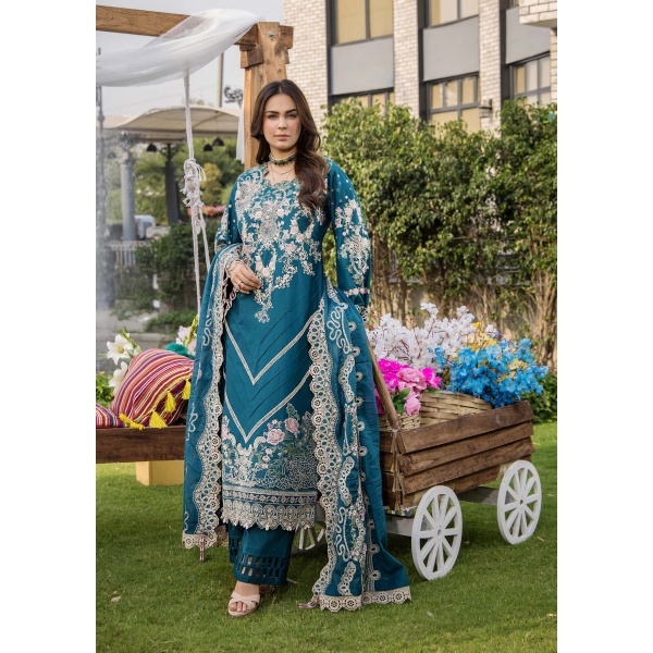 Pakistani clothing brands eshaisha festive lawn embroidered collection 2025, unstitched 3 piece embroidered suit, EA-LL-5545, front