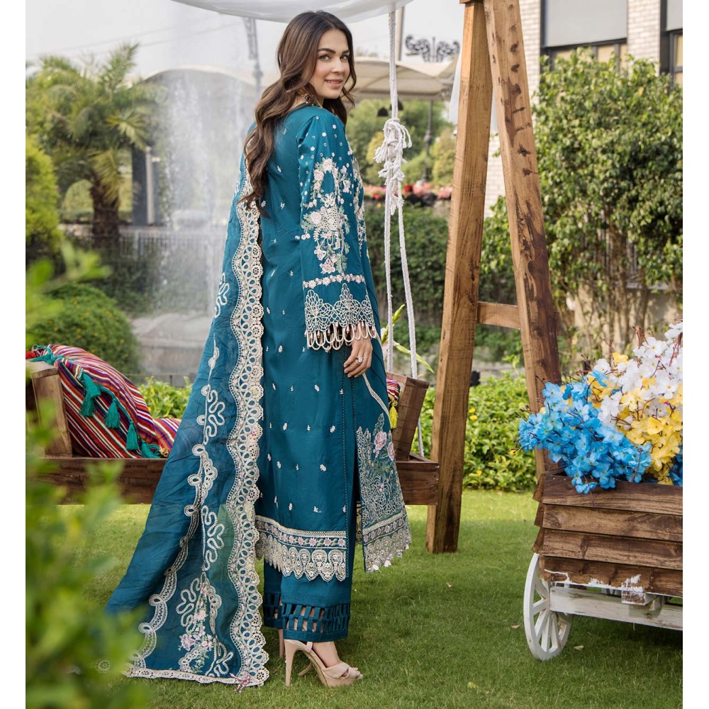 Pakistani clothing brands eshaisha festive lawn embroidered collection 2025, unstitched 3 piece embroidered suit, EA-LL-5545, back