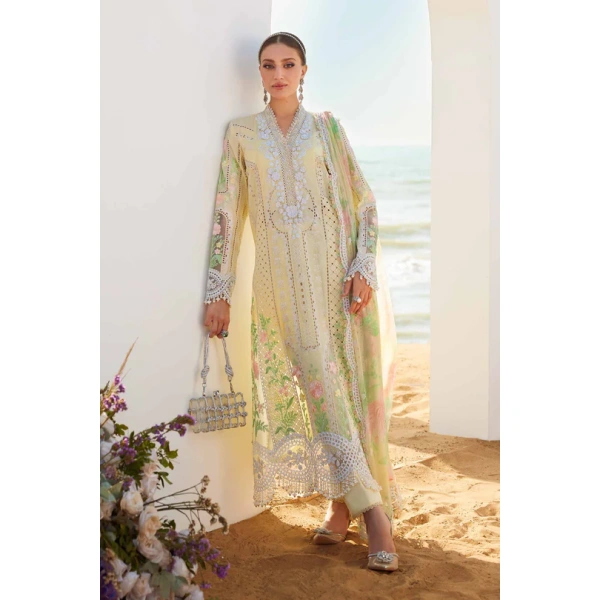 Pakistani clothing brands maria b lawn eid collection 2025, yellow unstitched 3 piece embroidered suit, el-25-04, front