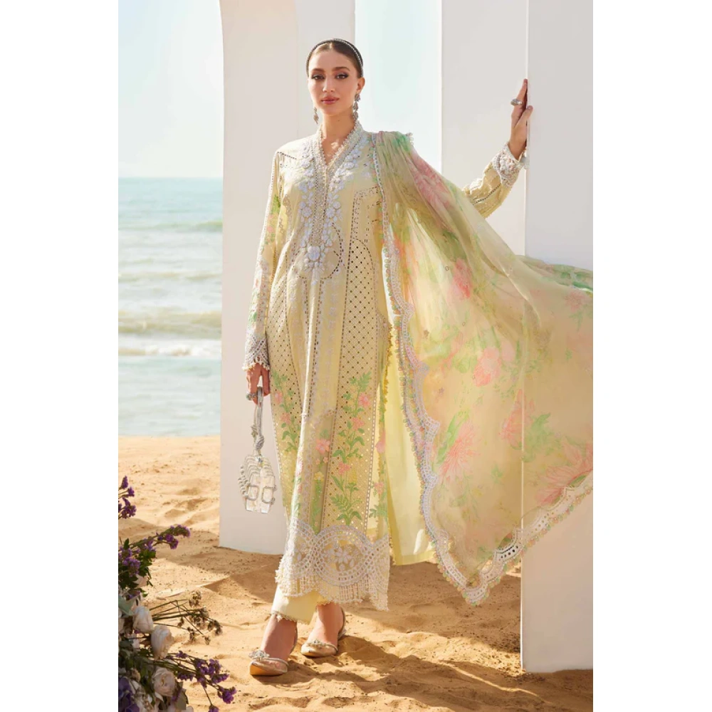 Pakistani clothing brands maria b lawn eid collection 2025, yellow unstitched 3 piece embroidered suit, el-25-04, front shirt & dupatta