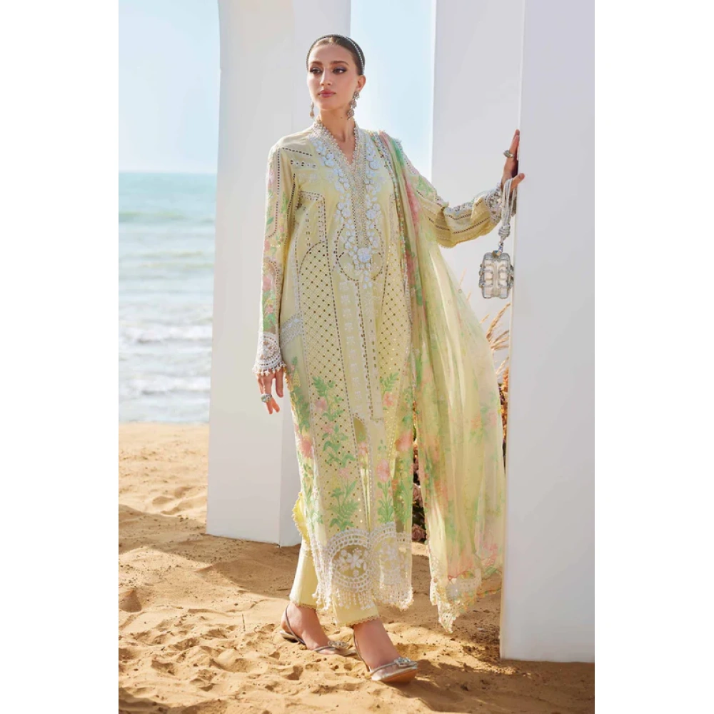 Pakistani clothing brands maria b lawn eid collection 2025, yellow unstitched 3 piece embroidered suit, el-25-04