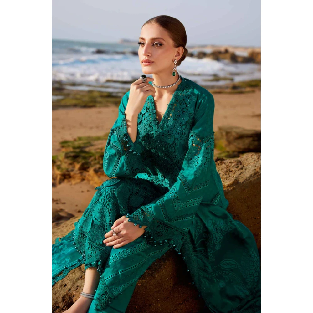 Pakistani clothing brands maria b lawn eid collection 2025, sea green unstitched 3 piece embroidered suit, el-25-05, salwar kameez