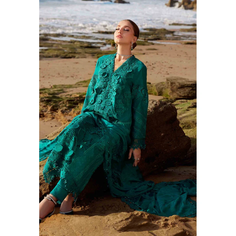 Pakistani clothing brands maria b lawn eid collection 2025, sea green unstitched 3 piece embroidered suit, el-25-05, front shirt