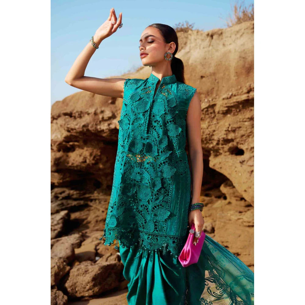 Pakistani clothing brands maria b lawn eid collection 2025, sea green unstitched 3 piece embroidered suit, el-25-05, shirt style