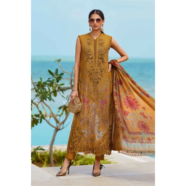 Pakistani clothing brands maria b lawn eid collection 2025, mustard unstitched 3 piece embroidered suit, el-25-06, front