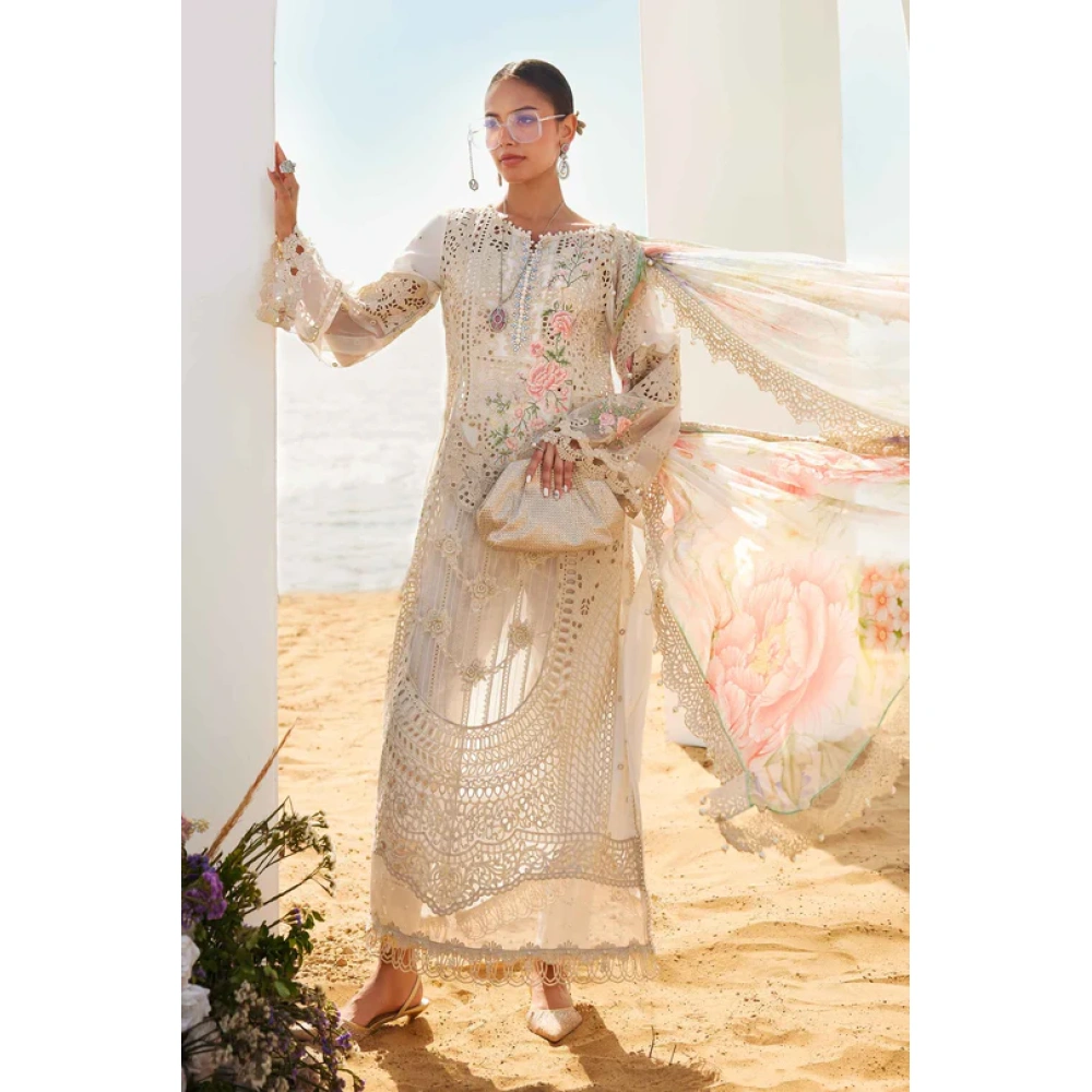 Pakistani clothing brands maria b lawn eid collection 2025, off white unstitched 3 piece embroidered suit, el-25-07, front