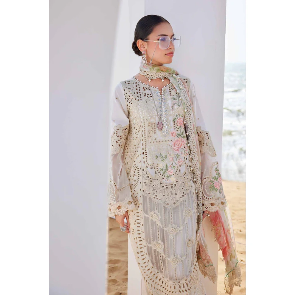 Pakistani clothing brands maria b lawn eid collection 2025, off white unstitched 3 piece embroidered suit, el-25-07, front shit