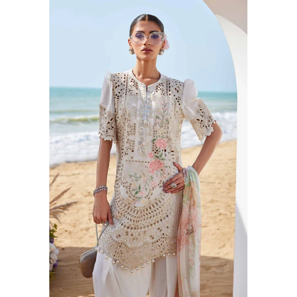 Pakistani clothing brands maria b lawn eid collection 2025, off white unstitched 3 piece embroidered suit, el-25-07, shirt new style