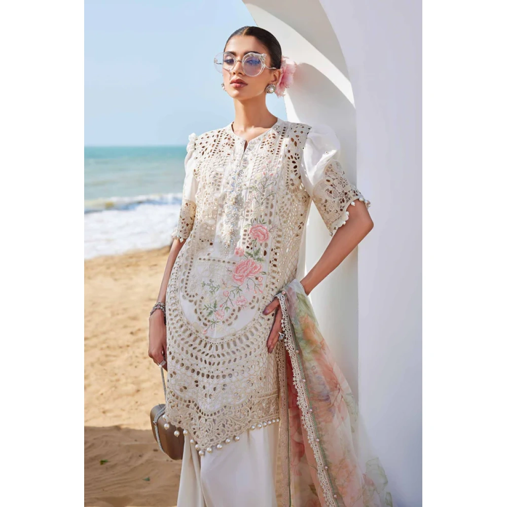 Pakistani clothing brands maria b lawn eid collection 2025, off white unstitched 3 piece embroidered suit, el-25-07