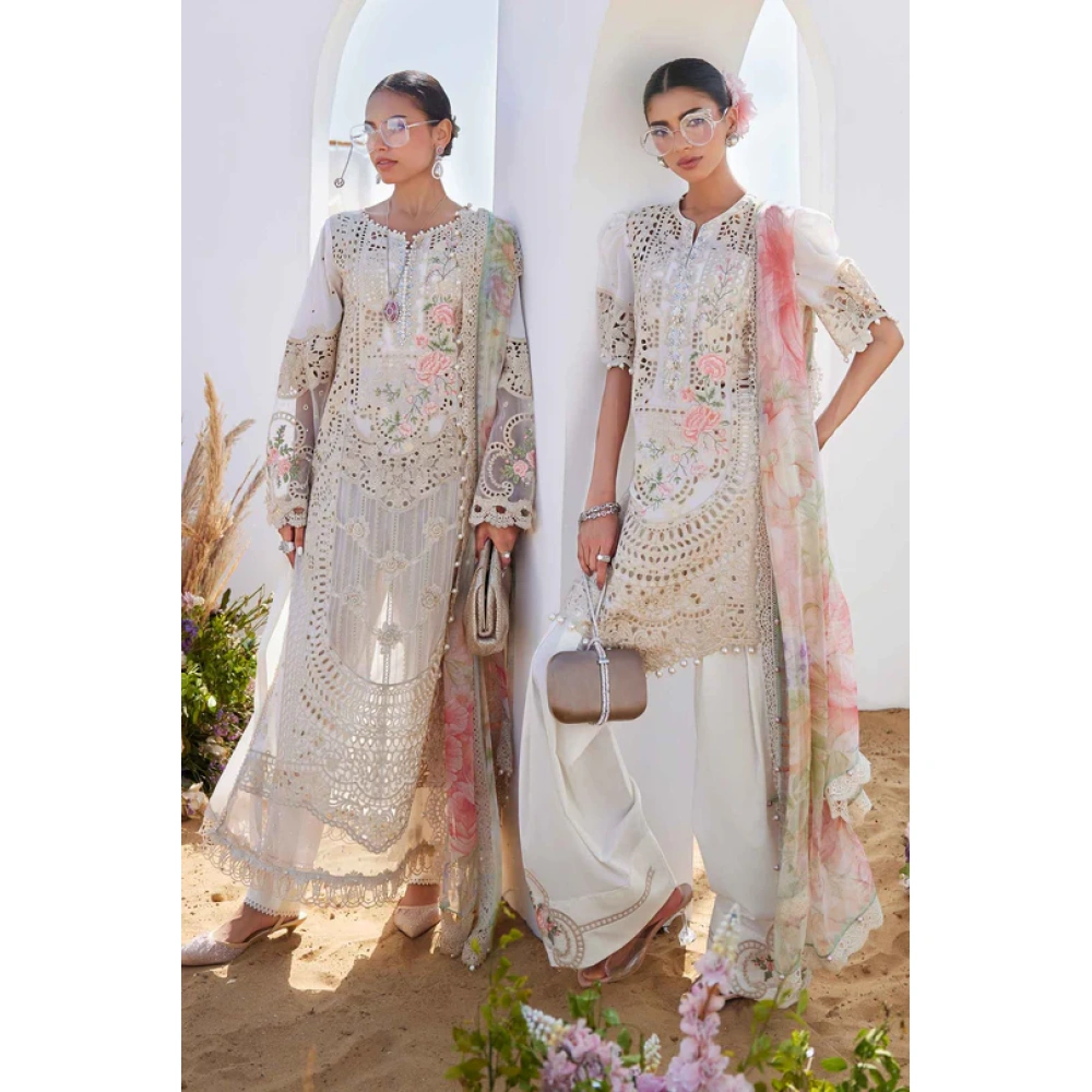 Pakistani clothing brands maria b lawn eid collection 2025, off white unstitched 3 piece embroidered suit, el-25-07, two diffeent styles