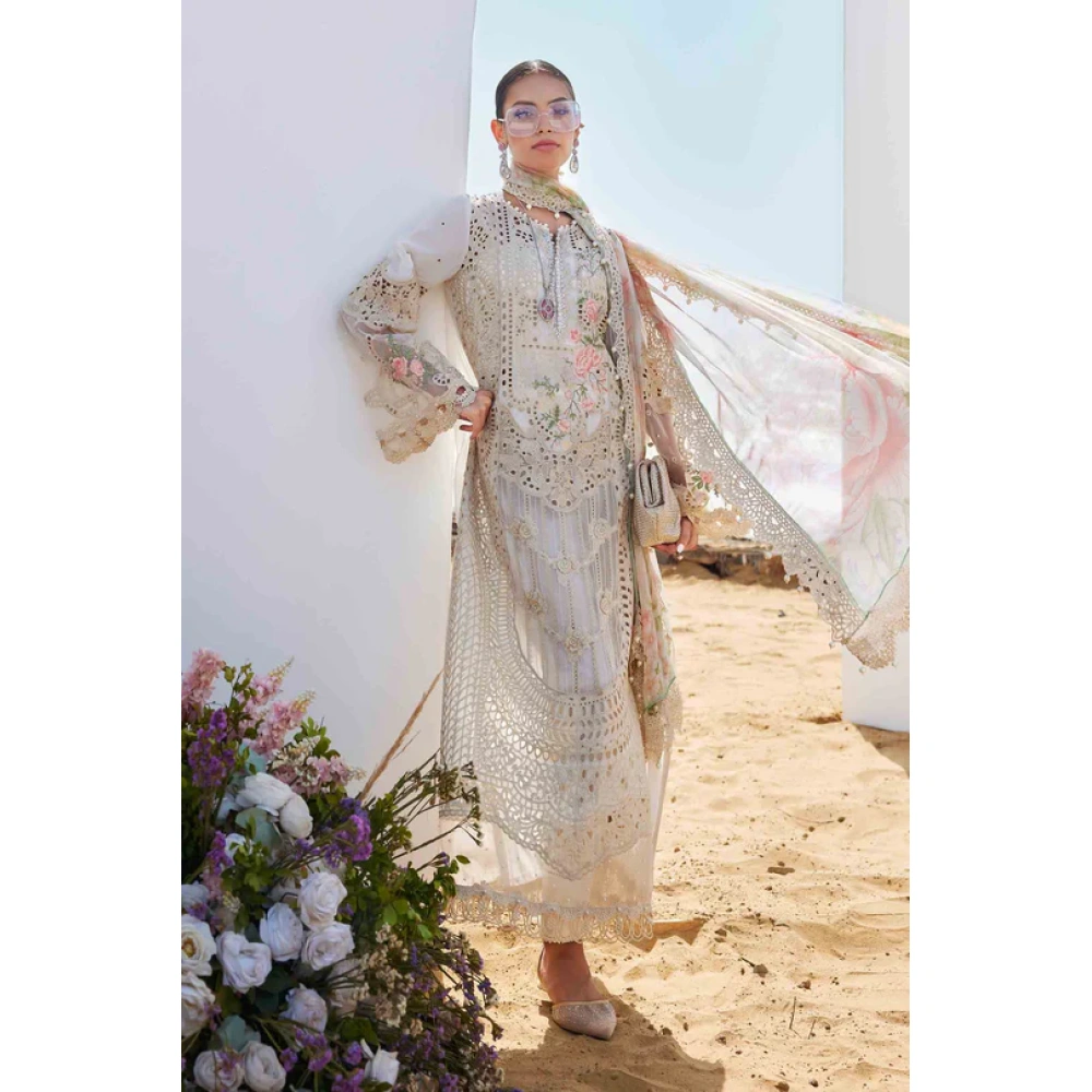 Pakistani clothing brands maria b lawn eid collection 2025, off white unstitched 3 piece embroidered suit, el-25-07, salwar kameez & dupatta