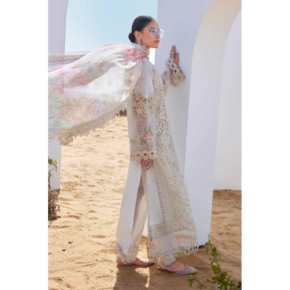 Pakistani clothing brands maria b lawn eid collection 2025, off white unstitched 3 piece embroidered suit, el-25-07, kameez & dupatta