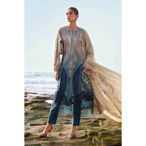 Pakistani clothing brands maria b lawn eid collection 2025, coffee & teal unstitched 3 piece embroidered suit, el-25-08, front