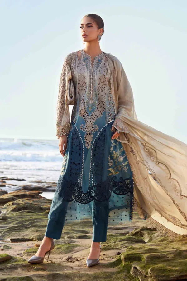 Pakistani clothing brands maria b lawn eid collection 2025, coffee & teal unstitched 3 piece embroidered suit, el-25-08, front