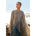 Pakistani clothing brands maria b lawn eid collection 2025, coffee & teal unstitched 3 piece embroidered suit, el-25-08, front shirt design