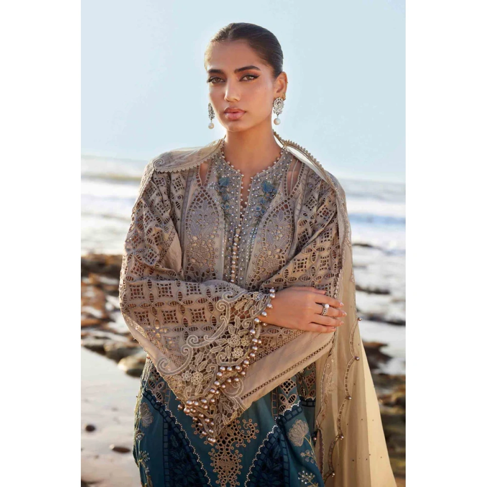 Pakistani clothing brands maria b lawn eid collection 2025, coffee & teal unstitched 3 piece embroidered suit, el-25-08, sleeves embroidery