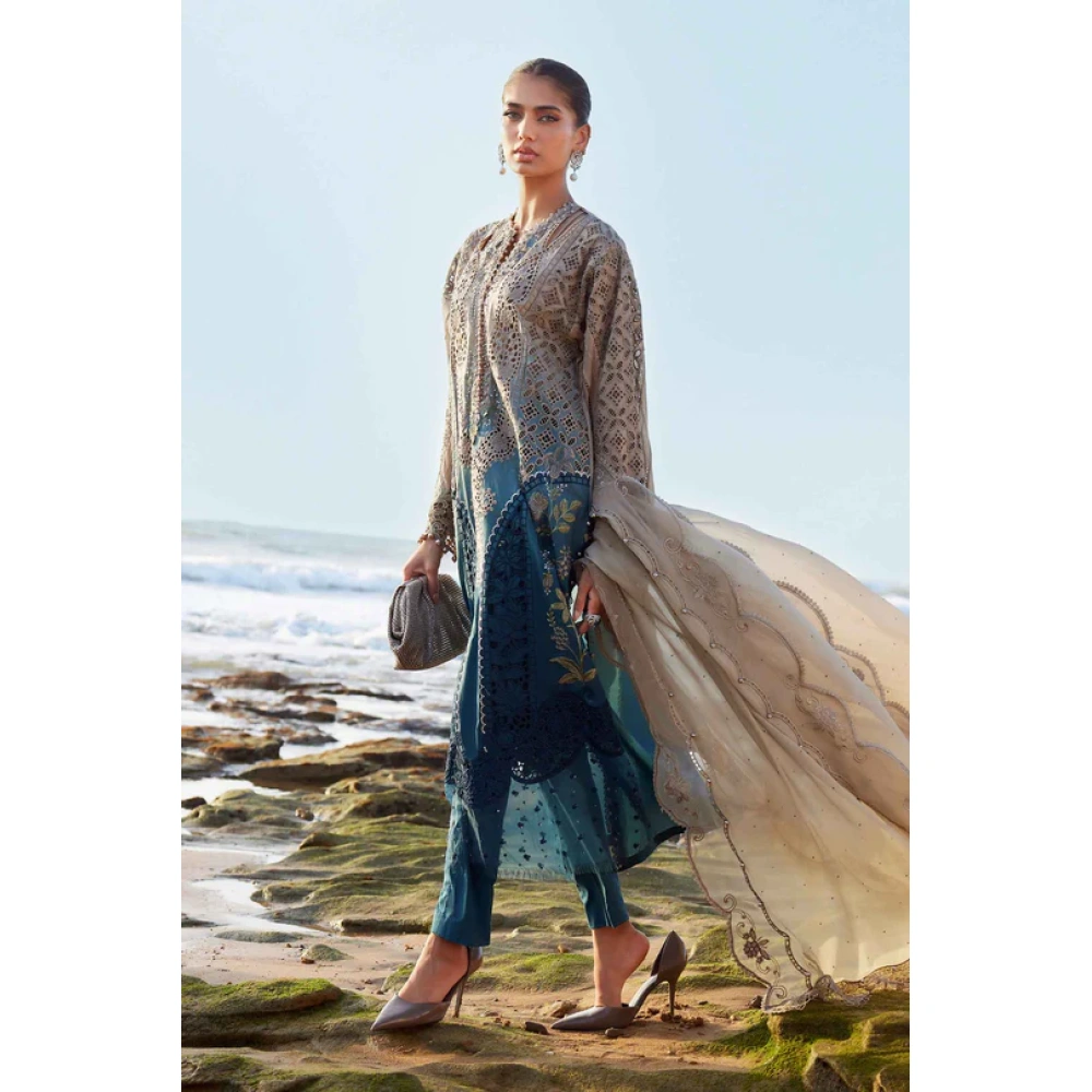 Pakistani clothing brands maria b lawn eid collection 2025, coffee & teal unstitched 3 piece embroidered suit, el-25-08, kameez and dupatta