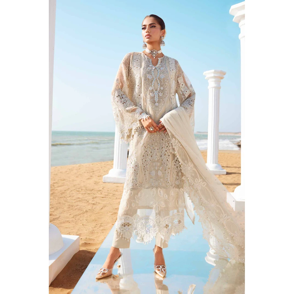 Pakistani clothing brands maria b lawn eid collection 2025, ivory unstitched 3 piece embroidered suit, el-25-09, front
