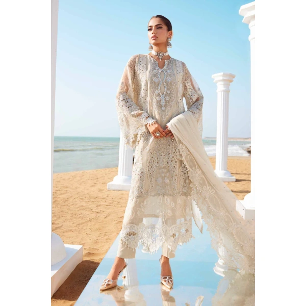 Pakistani clothing brands maria b lawn eid collection 2025, ivory unstitched 3 piece embroidered suit, el-25-09, front