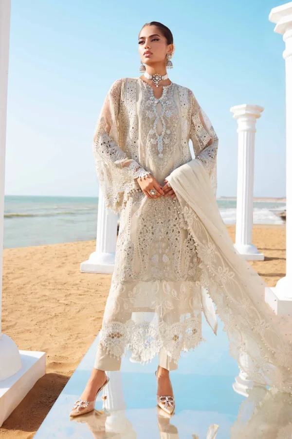 Pakistani clothing brands maria b lawn eid collection 2025, ivory unstitched 3 piece embroidered suit, el-25-09, front