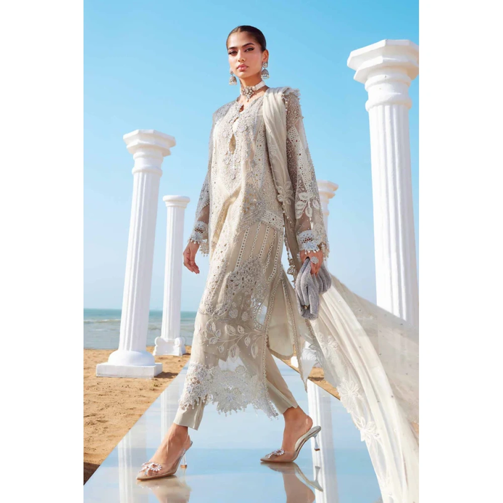 Pakistani clothing brands maria b lawn eid collection 2025, ivory unstitched 3 piece embroidered suit, el-25-09, salwar kameez & dupatta