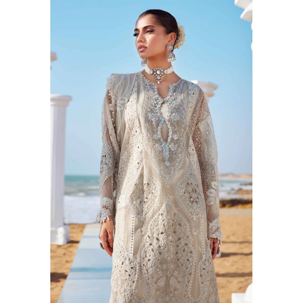 Pakistani clothing brands maria b lawn eid collection 2025, ivory unstitched 3 piece embroidered suit, el-25-09, neck embroidery