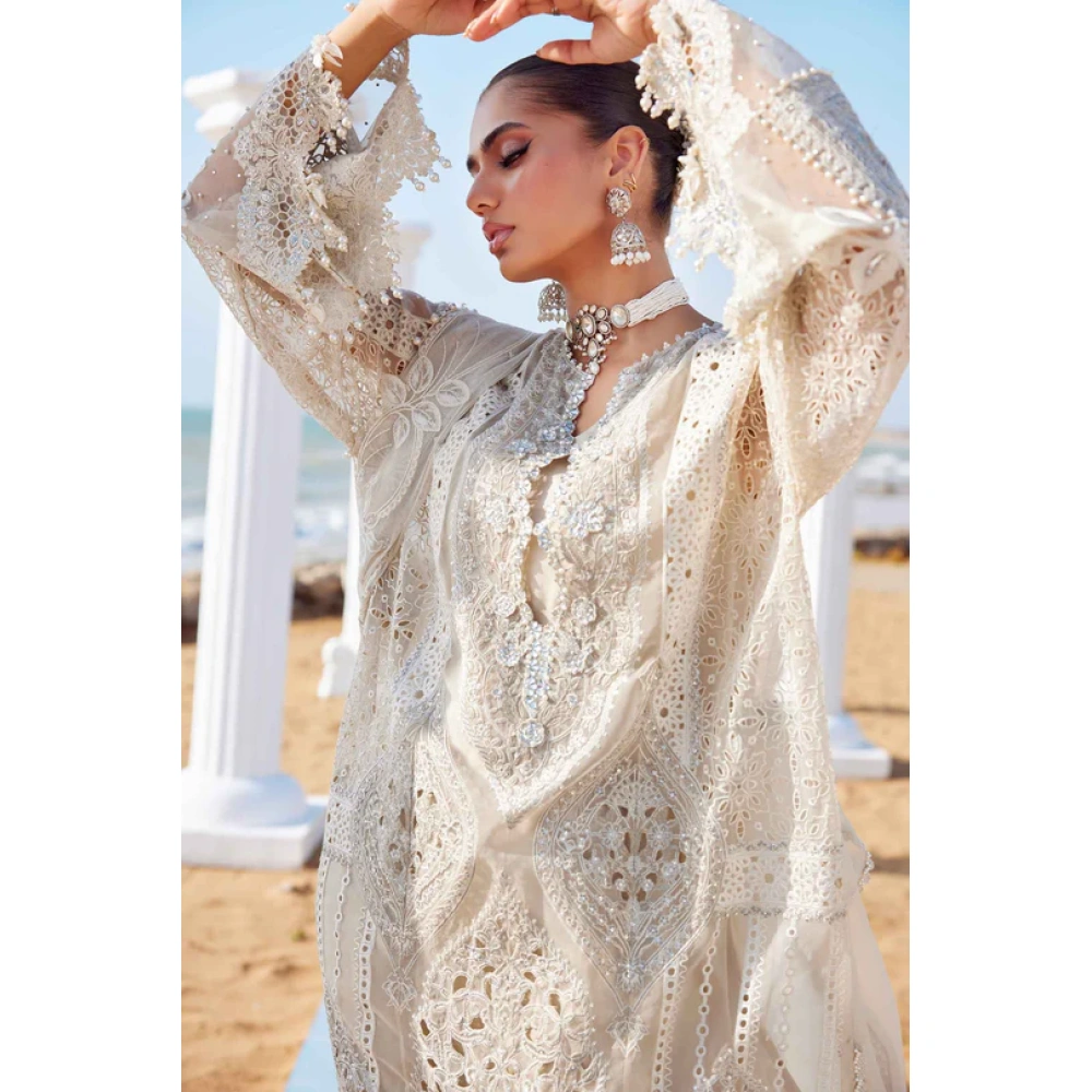 Pakistani clothing brands maria b lawn eid collection 2025, ivory unstitched 3 piece embroidered suit, el-25-09, shirt style and sleeves