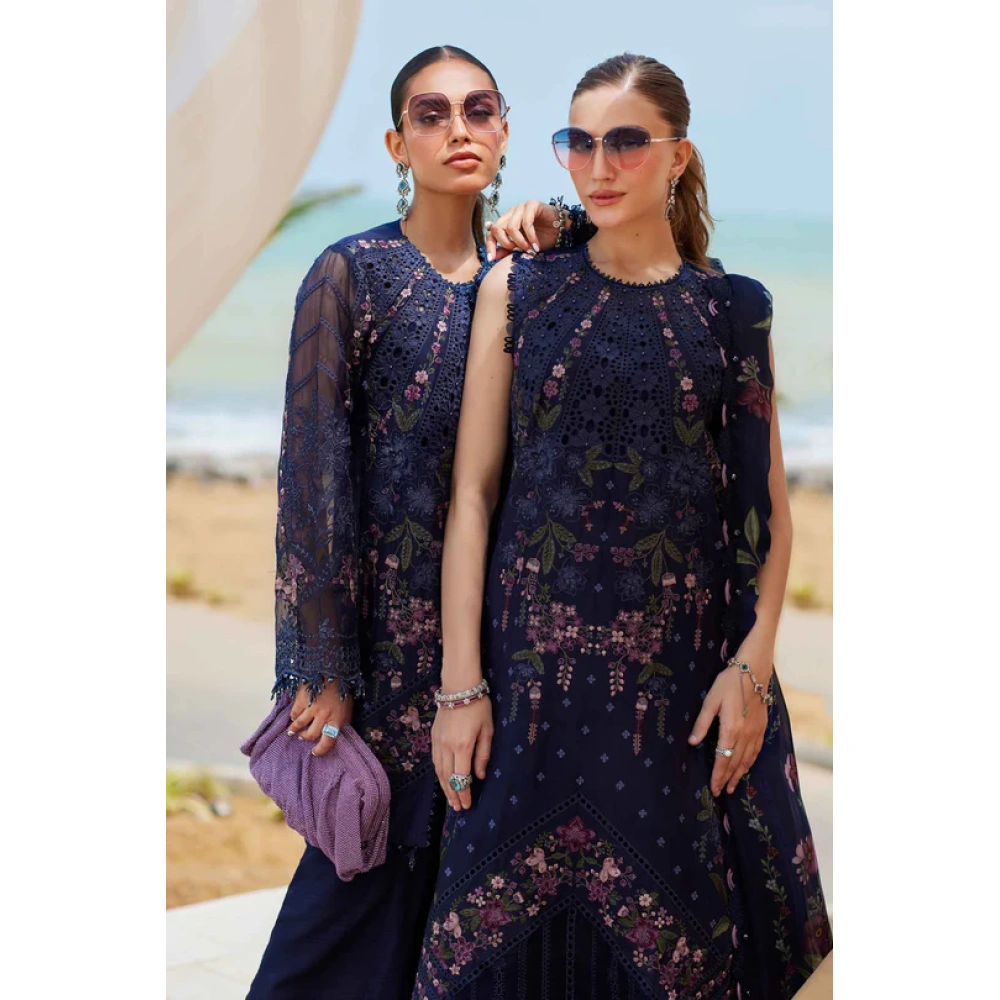 Pakistani clothing brands maria b lawn eid collection 2025, navy unstitched 3 piece embroidered suit, el-25-10, two different styles