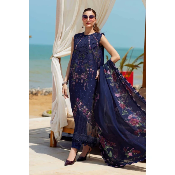 Pakistani clothing brands maria b lawn eid collection 2025, navy unstitched 3 piece embroidered suit, el-25-10, salwar kameez & dupatta