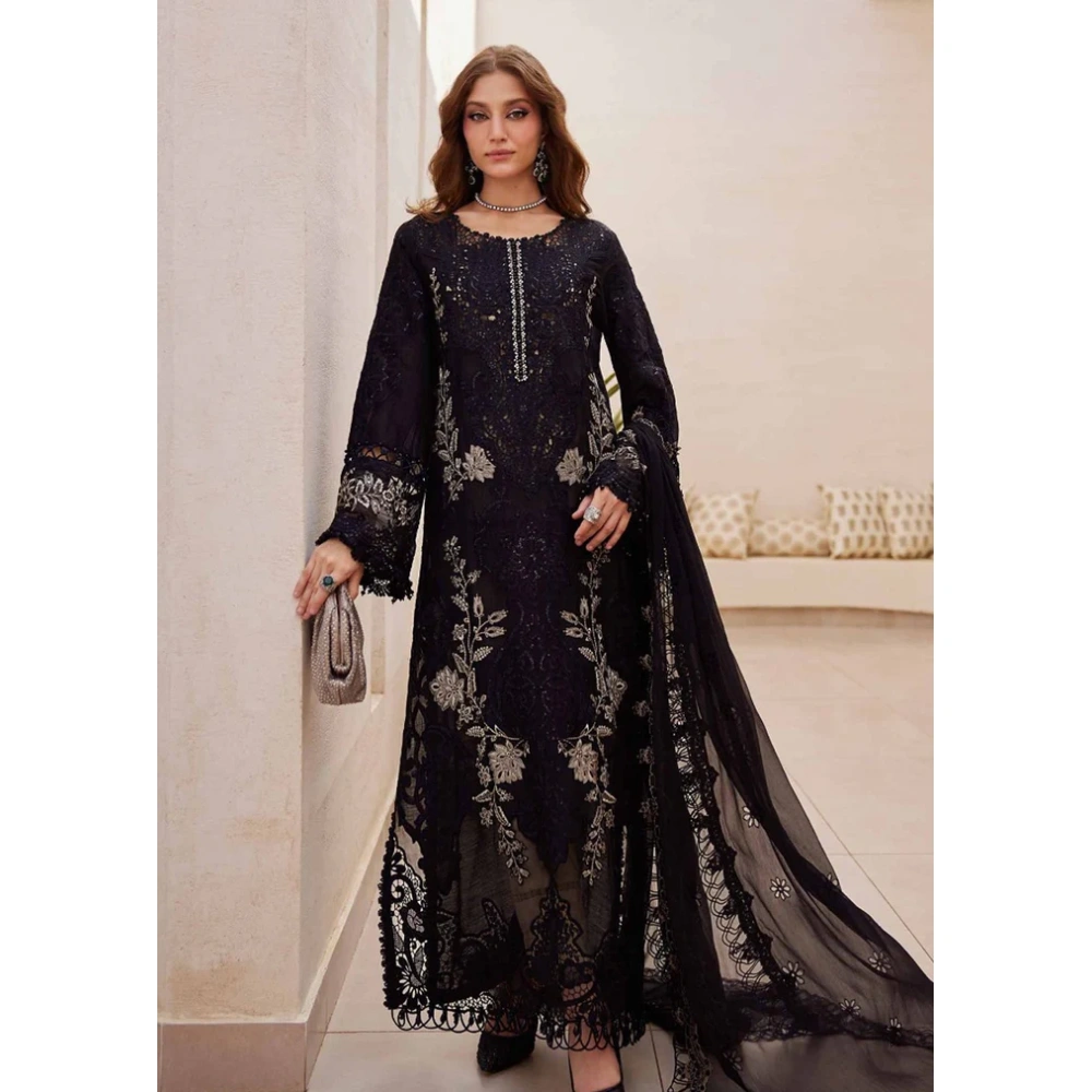 Pakistani clothing brands maria b lawn eid collection 2025, unstitched 3 piece embroidered suit, black, el-25-03, front