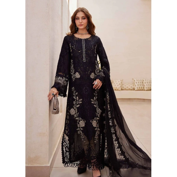 Pakistani clothing brands maria b lawn eid collection 2025, unstitched 3 piece embroidered suit, black, el-25-03, front
