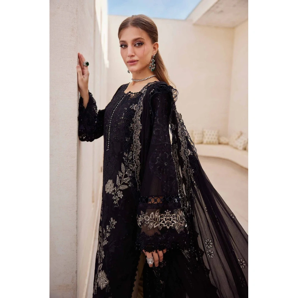 Pakistani clothing brands maria b lawn eid collection 2025, unstitched 3 piece embroidered suit, black, el-25-03, shirt & sleeves