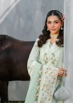 Elaf Premium Luxury Lawn Collection 2025 | ELH-4B FROSTEL, 3-piece Pakistani designer lawn suits in the UK- Zee Collections. FRONT neck and dupatta embroidery