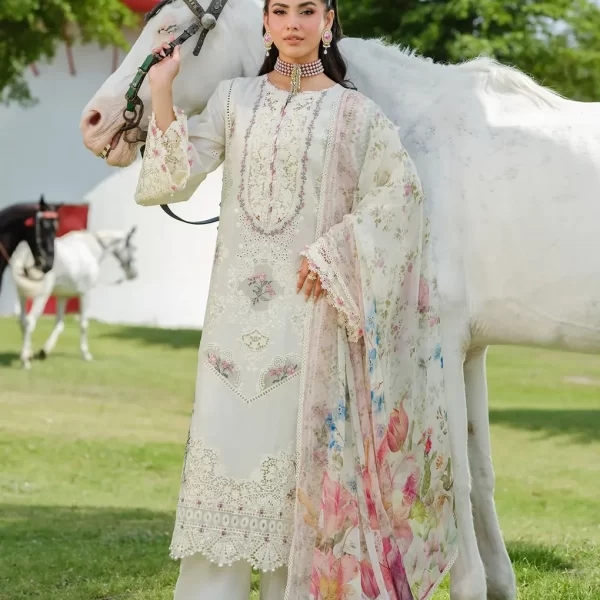 Elaf Premium Luxury Lawn Collection 2025 | ELH-7A WHITE EMPRESS, 3-piece Pakistani designer lawn suits in the UK- Zee Collections. FRONT
