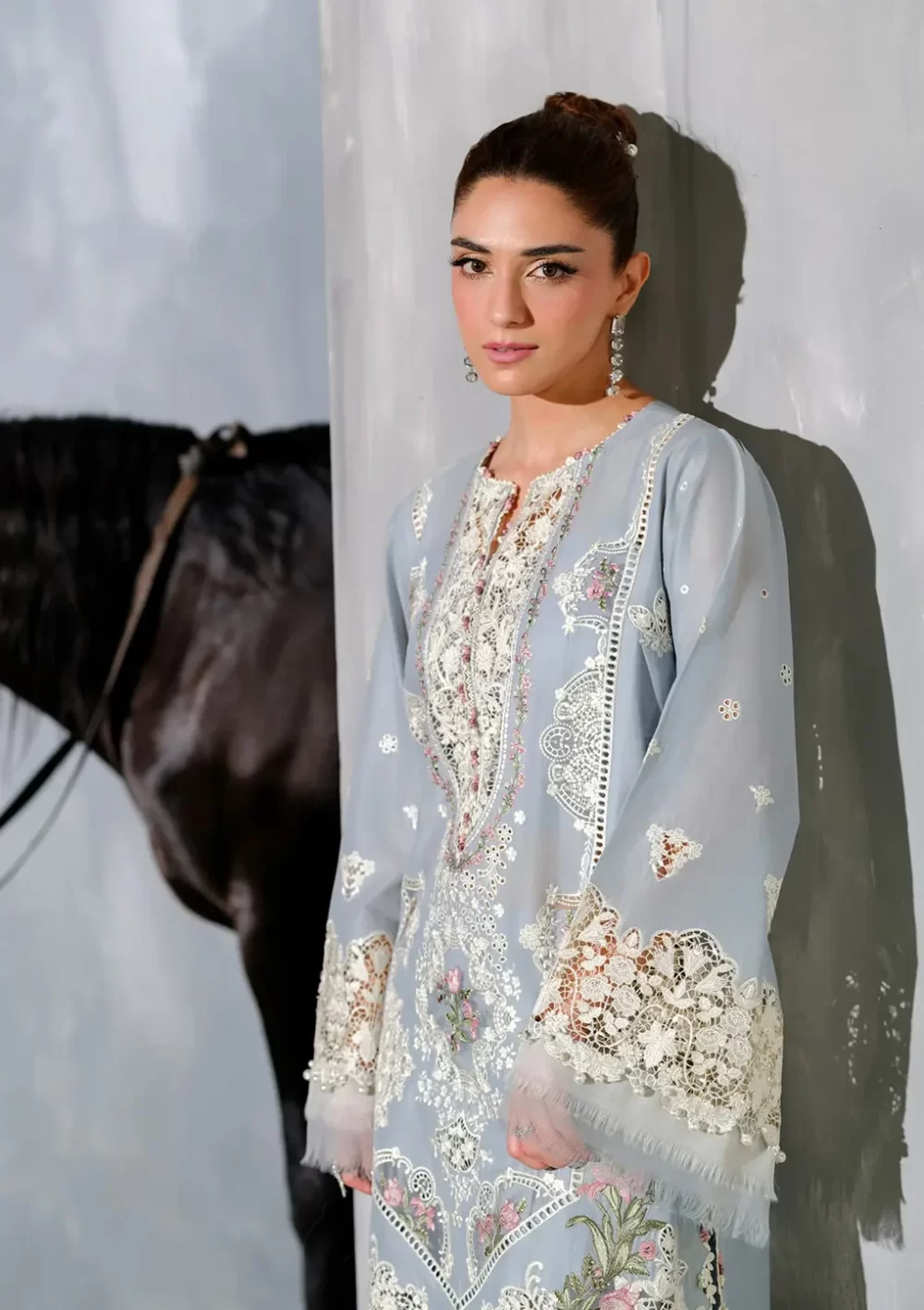 Elaf Premium Luxury Lawn Collection 2025 | ELH-7B ISSABEL, 3-piece Pakistani designer lawn suits in the UK- Zee Collections. front shirt embroidery