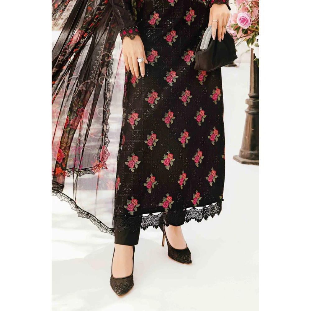 Pakistani clothing brands Maria B M.Prints Unstitched Eid II 2025’, 3-piece lawn suit, MPT-2601-B, front shirt daman and trouser design