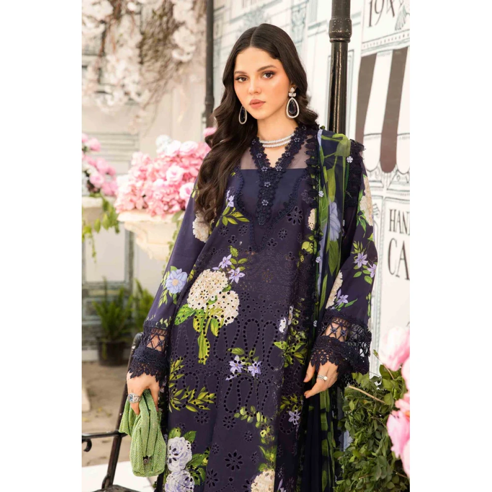 Maria B M. Prints Unstitched Eid II 2025’ “MPT-2602-b”, 3-piece Pakistani designer lawn suits in the UK- Zee Collections. FRONT SHIRT