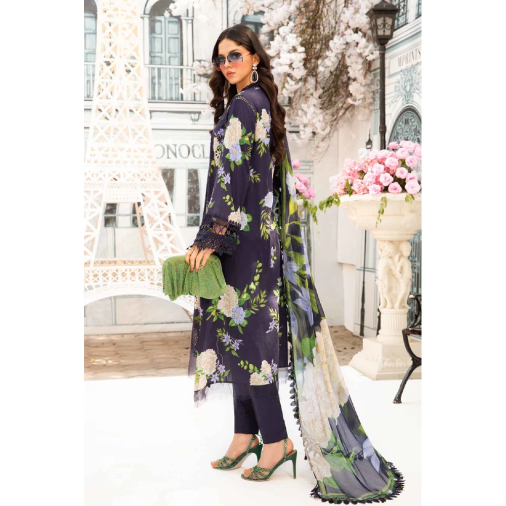 Maria B M. Prints Unstitched Eid II 2025’ “MPT-2602-b”, 3-piece Pakistani designer lawn suits in the UK- Zee Collections. SIDE LOOK