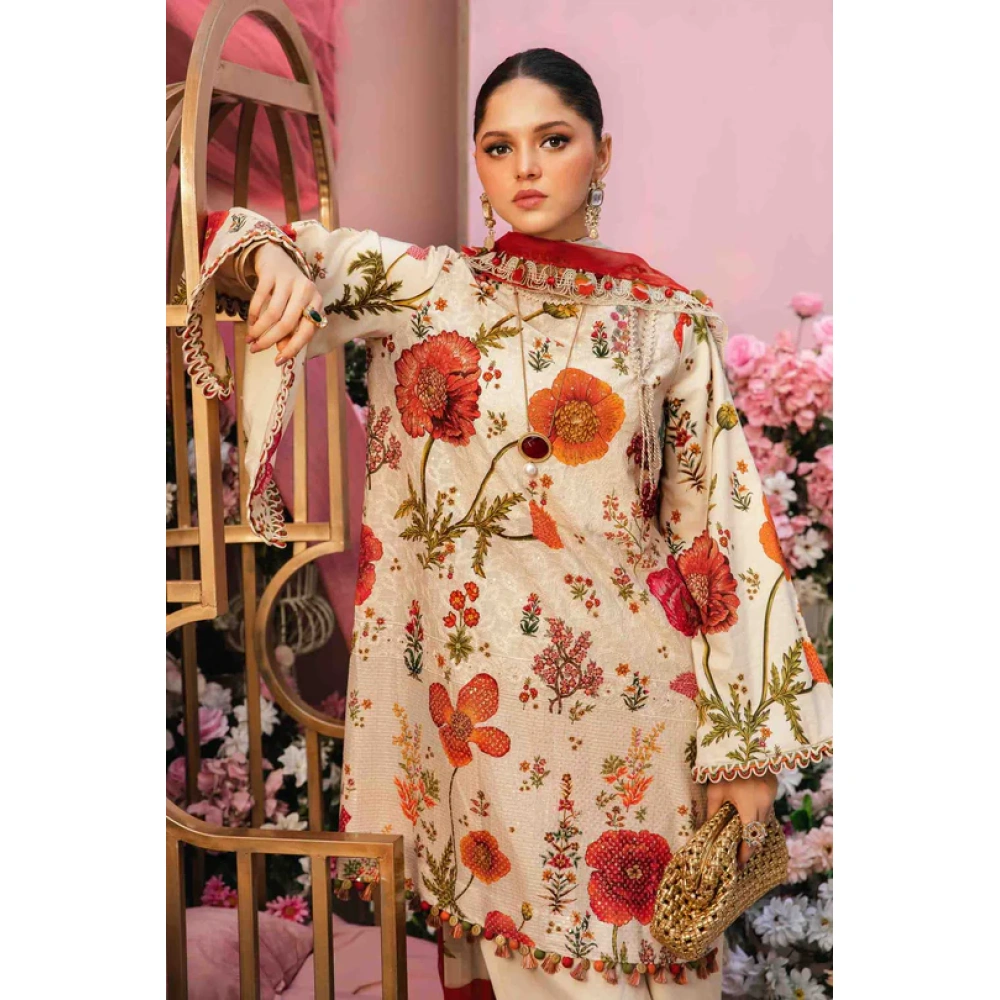 Maria B M. Prints Unstitched Eid II 2025’ “MPT-2607-A”, 3-piece Pakistani designer lawn suits in the UK- Zee Collections. FRONT KAMEEZ