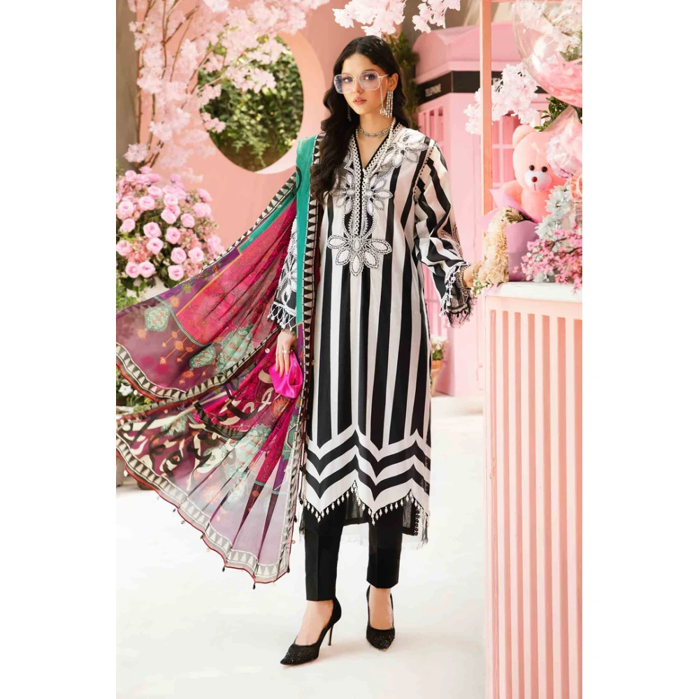 Maria B M. Prints Unstitched Eid II 2025’ “MPT-2609-B”, 3-piece Pakistani designer lawn suits in the UK- Zee Collections. FRONT