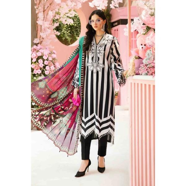 Maria B M. Prints Unstitched Eid II 2025’ “MPT-2609-B”, 3-piece Pakistani designer lawn suits in the UK- Zee Collections. FRONT