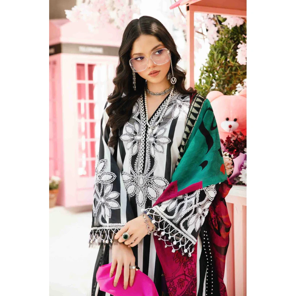 Maria B M. Prints Unstitched Eid II 2025’ “MPT-2609-B”, 3-piece Pakistani designer lawn suits in the UK- Zee Collections. FRONT shirt