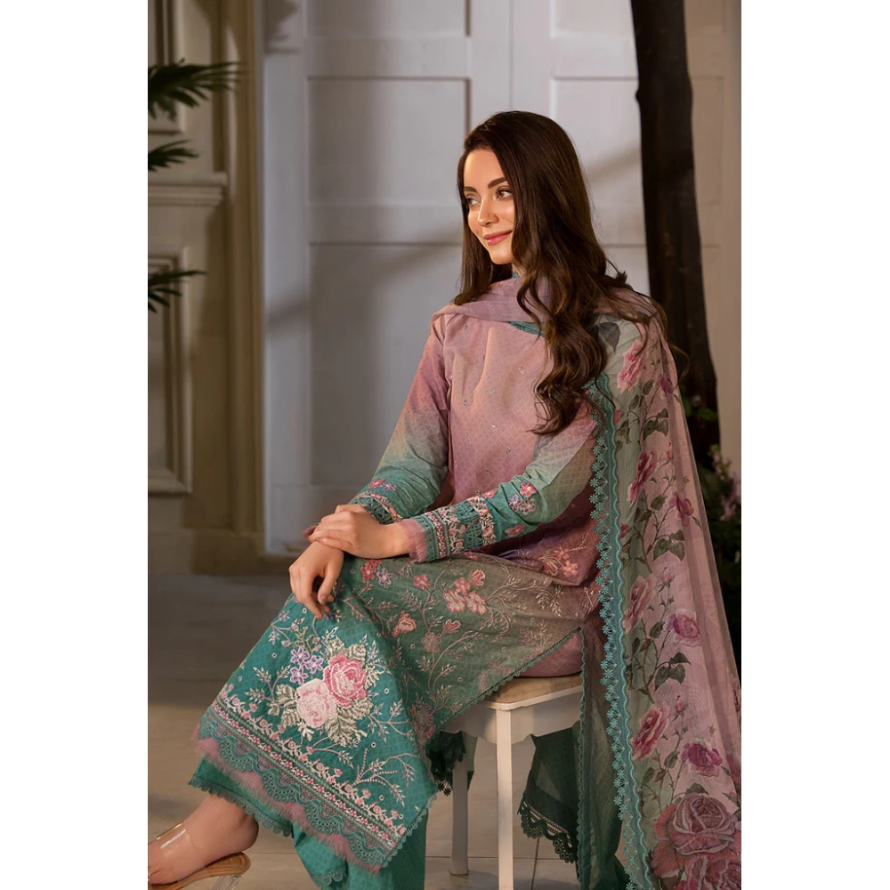 Pakistani clothing brands Sobia Nazir PK Vital Collection 2025, unstitched 3-piece lawn embroidered suit, Design 11a, front sleeves and damandesign