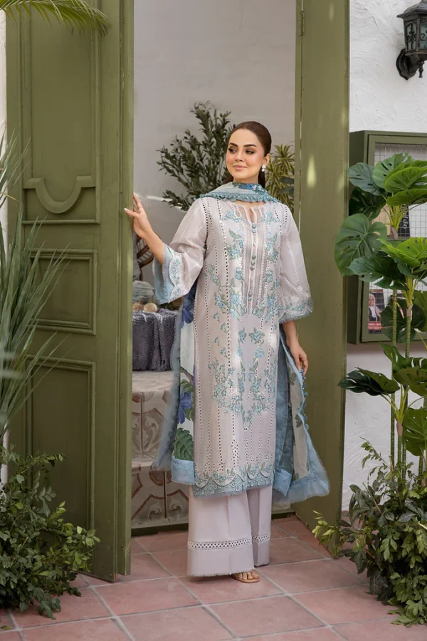 Pakistani clothing brands Sobia Nazir PK Vital Collection 2025, unstitched 3-piece lawn embroidered suit, Design 2b, front shirt design