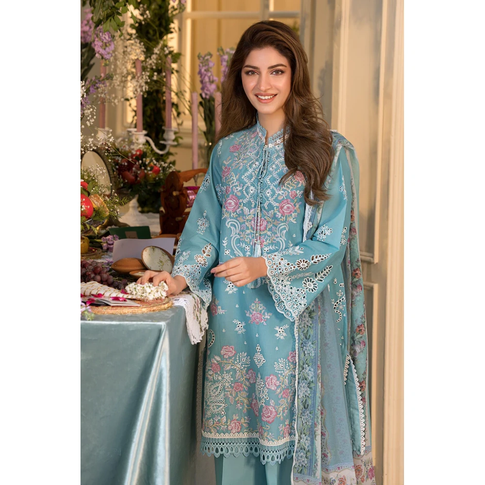 Pakistani clothing brands Sobia Nazir PK Vital Collection 2025, unstitched 3-piece lawn embroidered suit, Design 3a, front shirt design