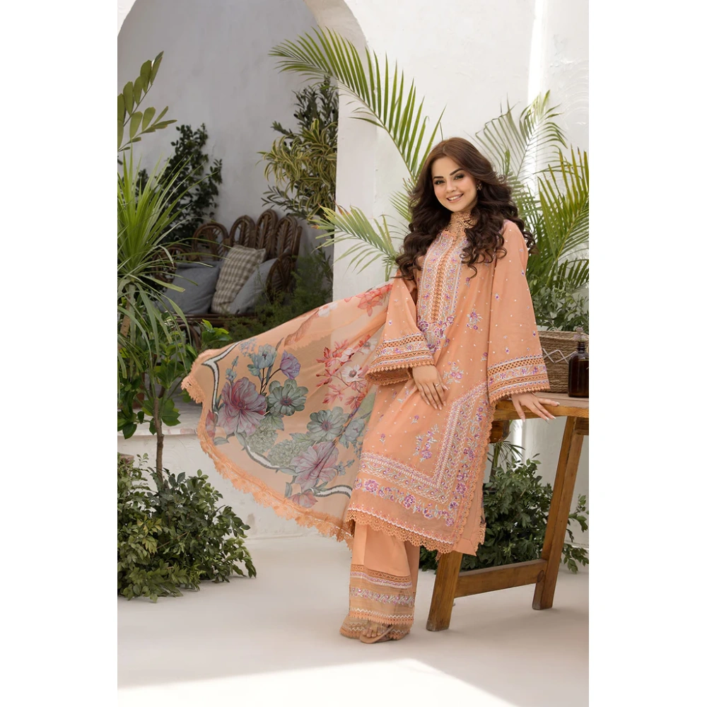 Pakistani clothing brands Sobia Nazir PK Vital Collection 2025, unstitched 3-piece lawn embroidered suit, Design 7a, front salwar kameez and dupatta