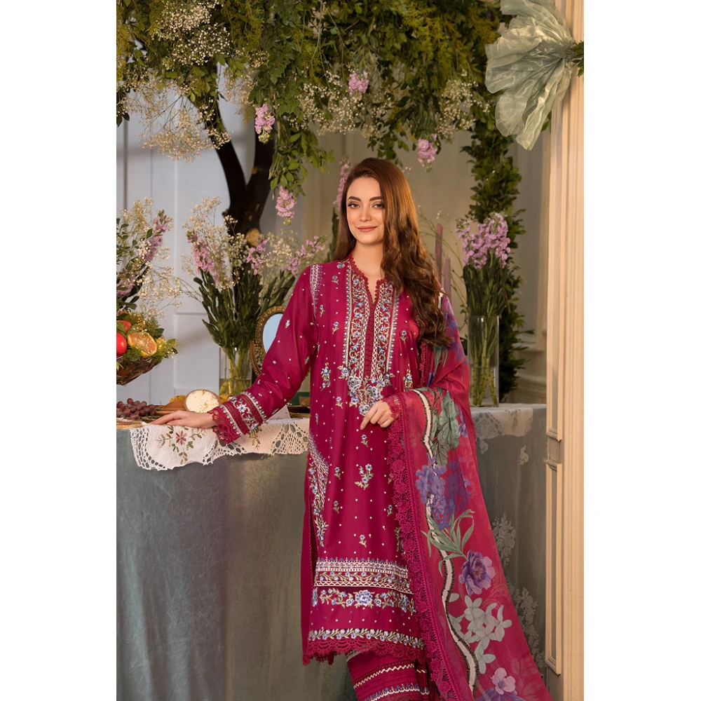 Pakistani clothing brands Sobia Nazir PK Vital Collection 2025, unstitched 3-piece lawn embroidered suit, Design 7b, front shirt and dupatta