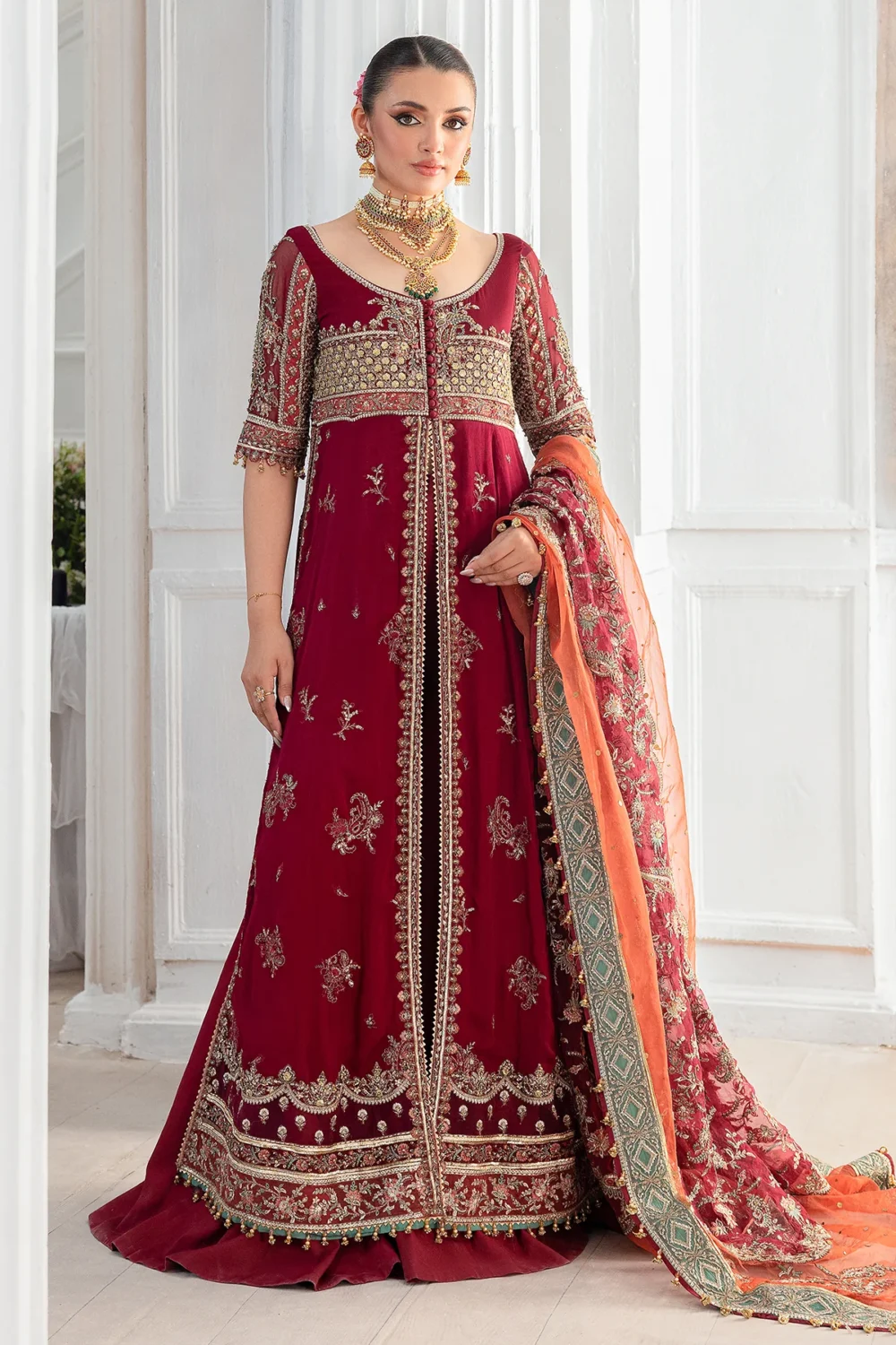 Charizma DD5-03 unstitched chiffon suit with embroidered panels, adda work, organza dupatta, and raw silk trouser – Diamond Dust Collection 2025 full Image